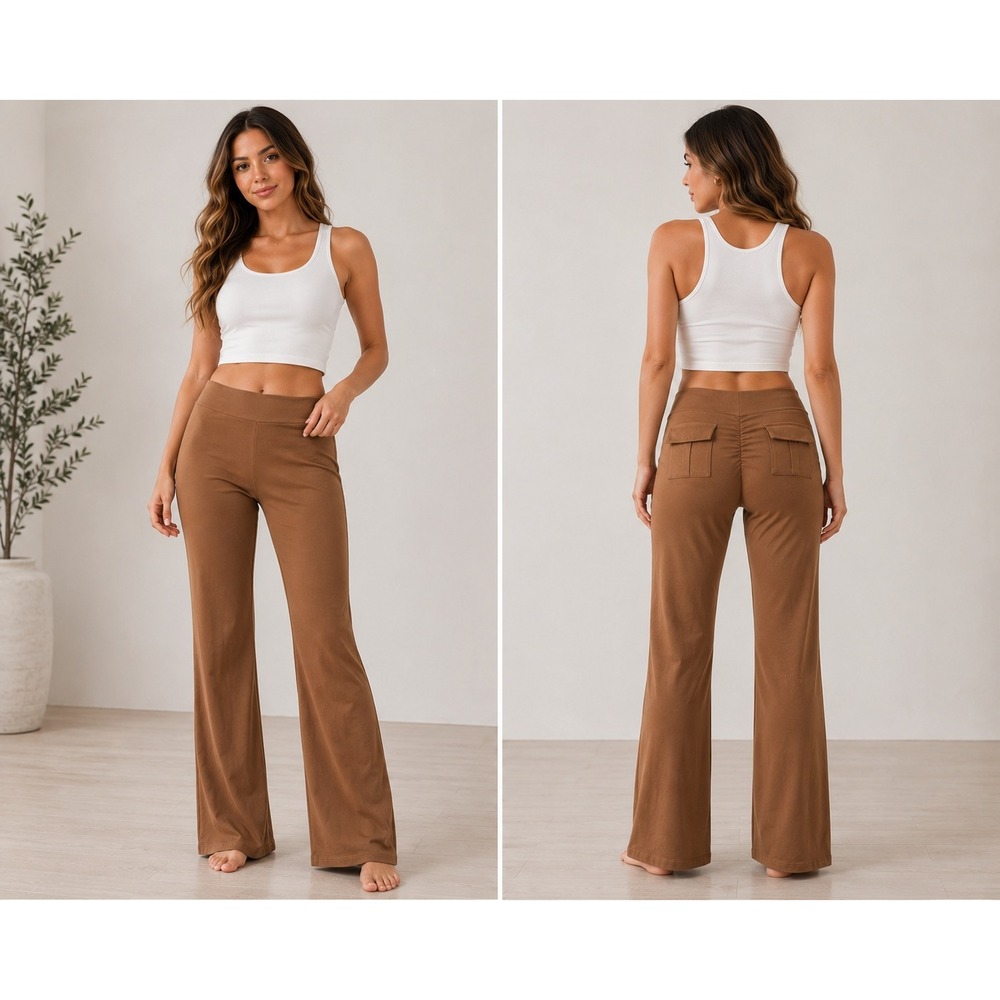Unbranded Flare Yoga Pants Women XXL Brown Ruched Pocket High Waist Legging